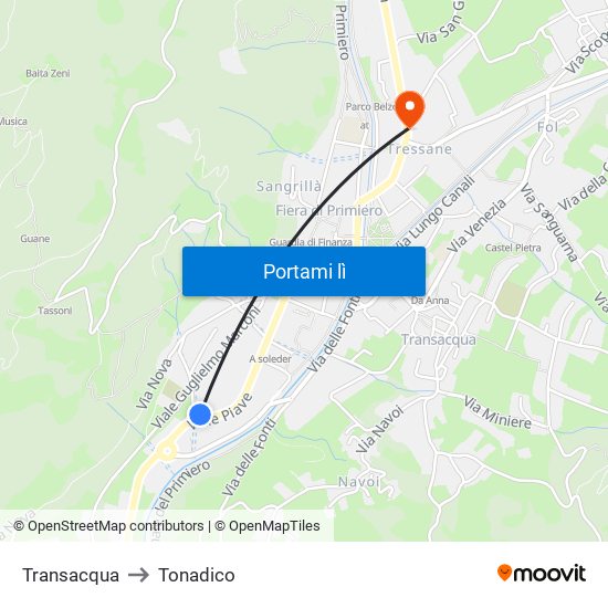 Transacqua to Tonadico map