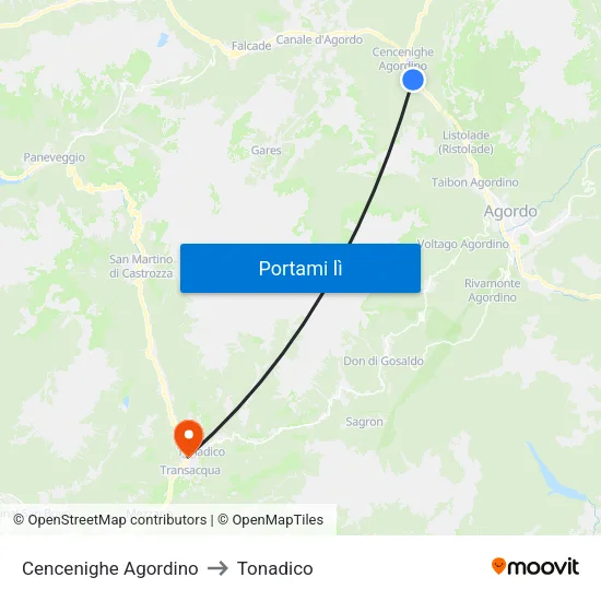 Cencenighe Agordino to Tonadico map