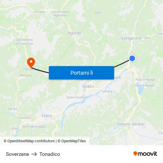 Soverzene to Tonadico map