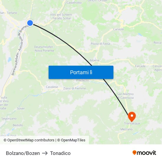 Bolzano/Bozen to Tonadico map