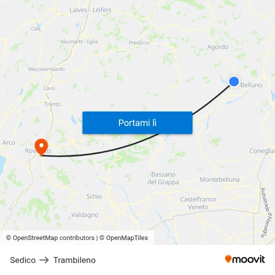 Sedico to Trambileno map