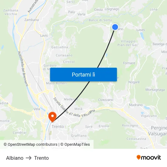 Albiano to Trento map
