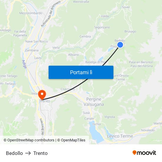 Bedollo to Trento map