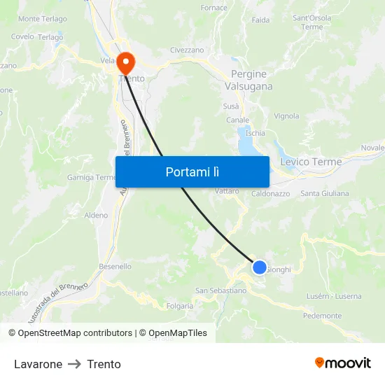 Lavarone to Trento map