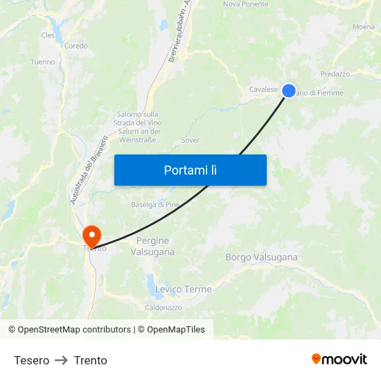 Tesero to Trento map