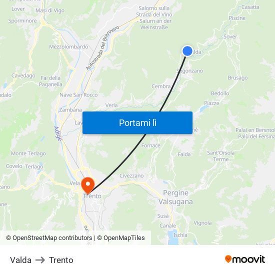 Valda to Trento map