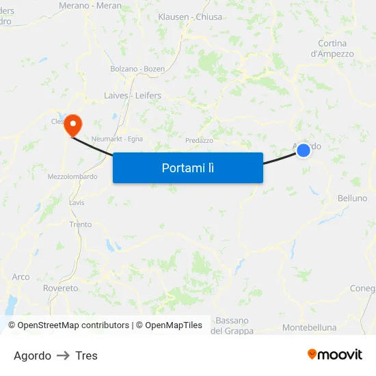 Agordo to Tres map