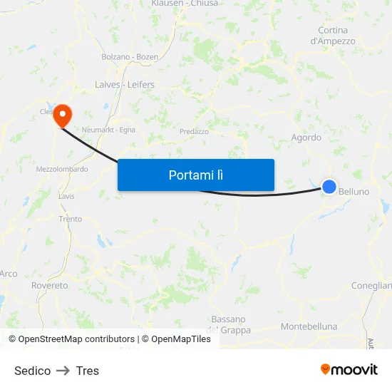Sedico to Tres map