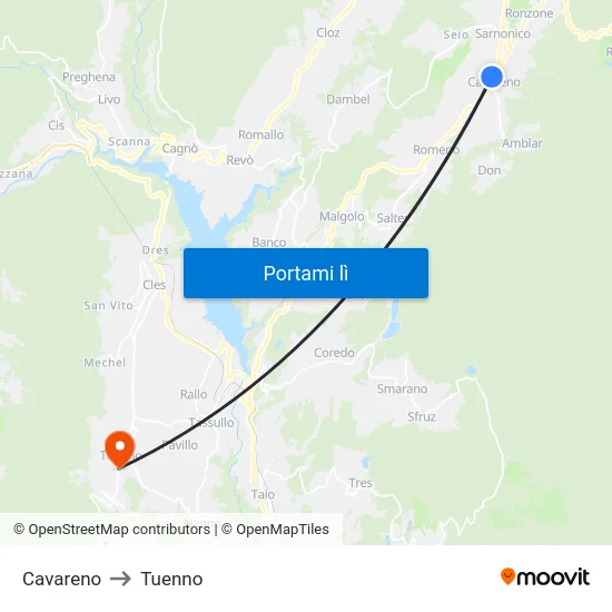 Cavareno to Tuenno map