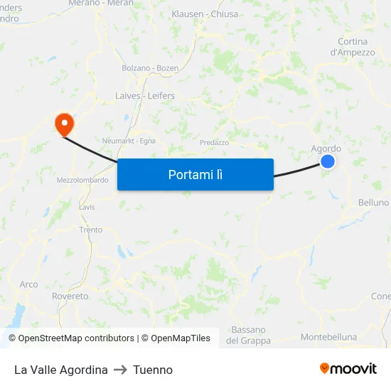 La Valle Agordina to Tuenno map