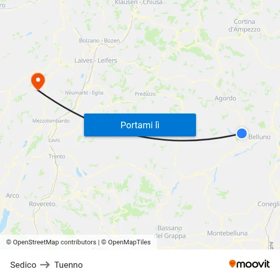 Sedico to Tuenno map