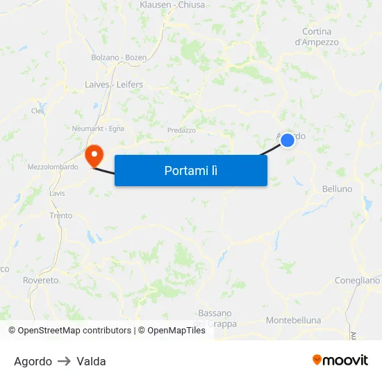 Agordo to Valda map