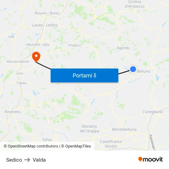 Sedico to Valda map