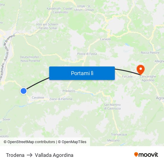 Trodena to Vallada Agordina map