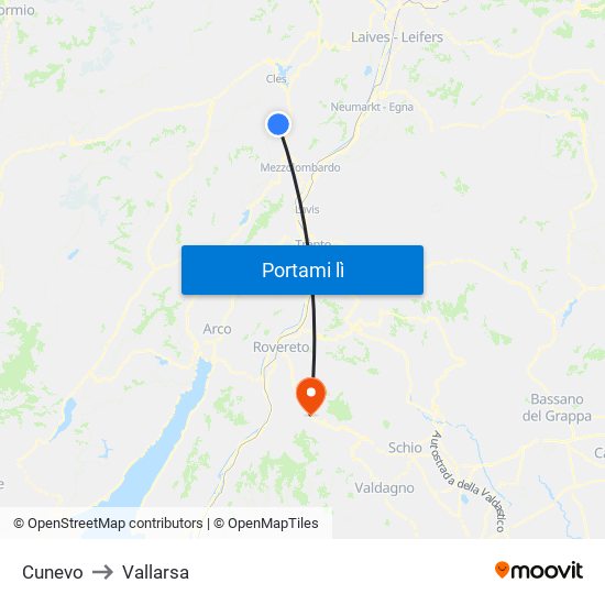 Cunevo to Vallarsa map