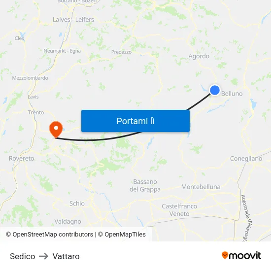Sedico to Vattaro map