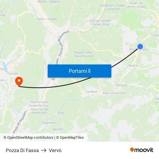 Pozza Di Fassa to Vervò map