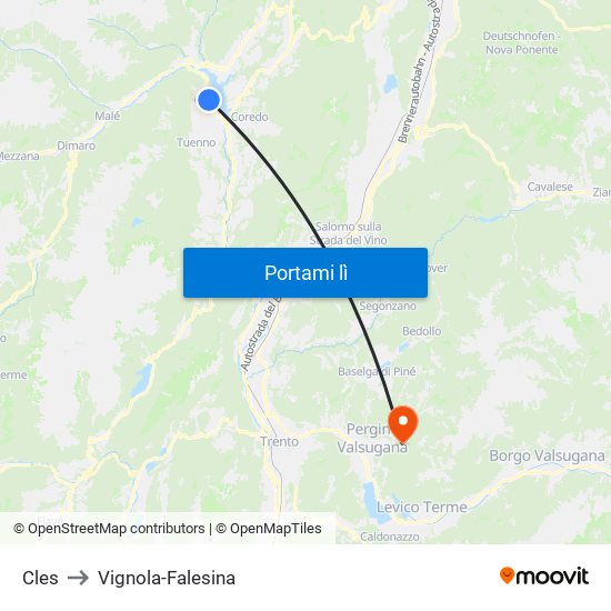 Cles to Vignola-Falesina map