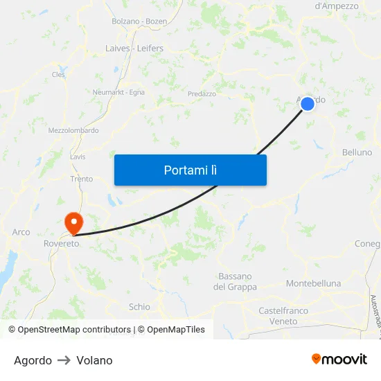 Agordo to Volano map