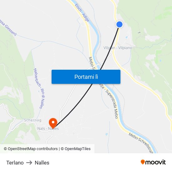 Terlano to Nalles map
