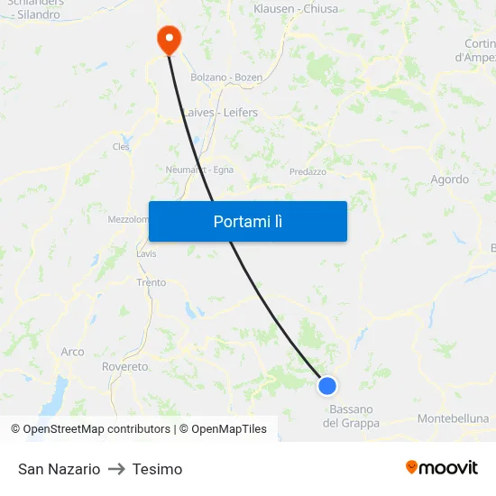 San Nazario to Tesimo map