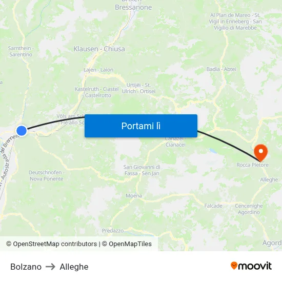 Bolzano to Alleghe map