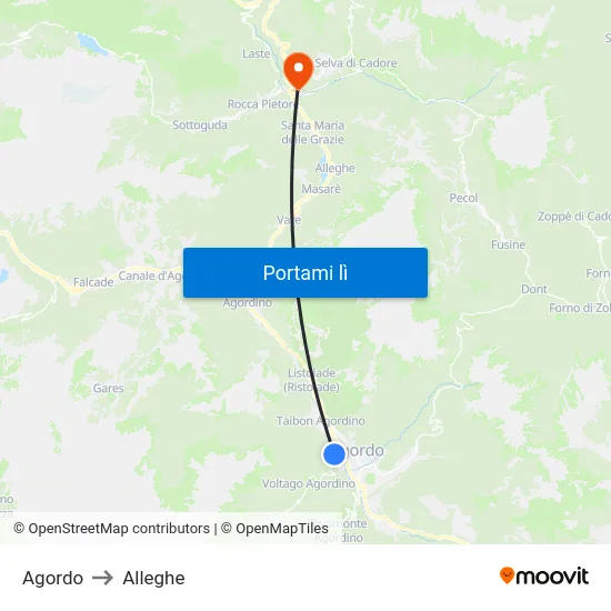 Agordo to Alleghe map