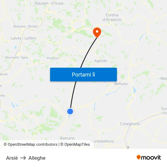 Arsiè to Alleghe map