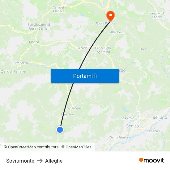 Sovramonte to Alleghe map