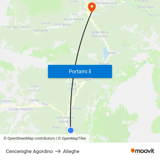 Cencenighe Agordino to Alleghe map