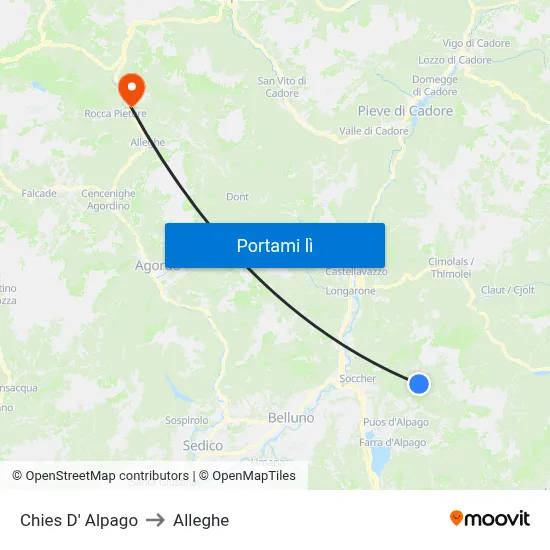 Chies D' Alpago to Alleghe map