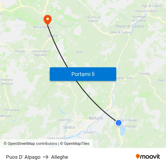 Puos D' Alpago to Alleghe map