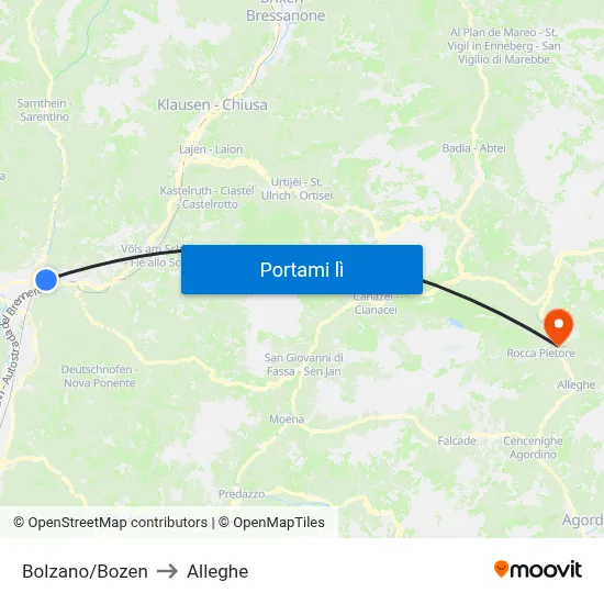 Bolzano/Bozen to Alleghe map