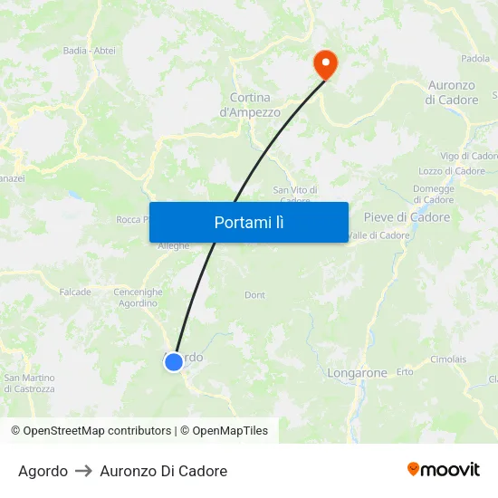 Agordo to Auronzo Di Cadore map