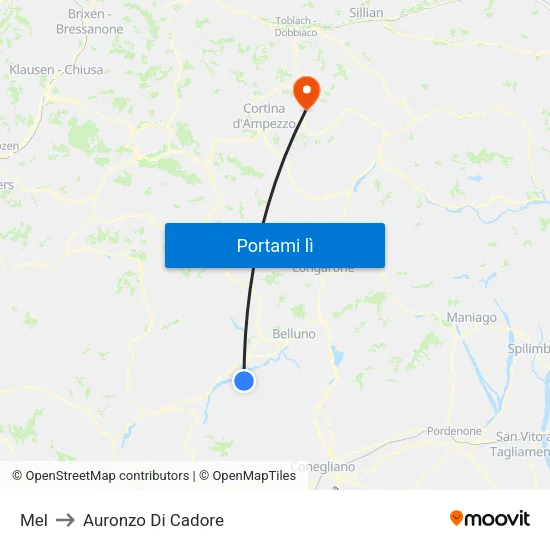 Mel to Auronzo Di Cadore map