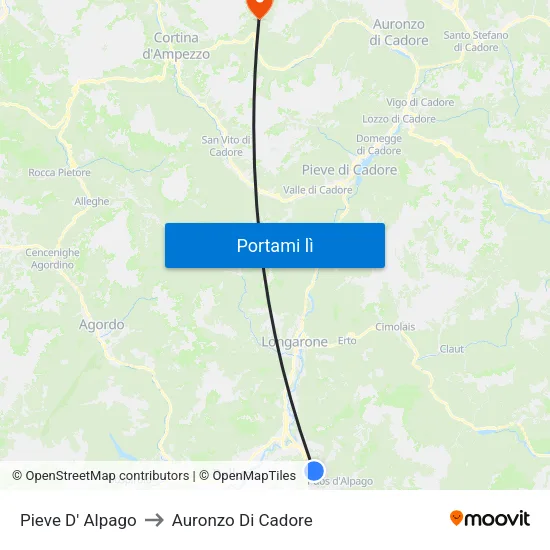 Pieve D' Alpago to Auronzo Di Cadore map