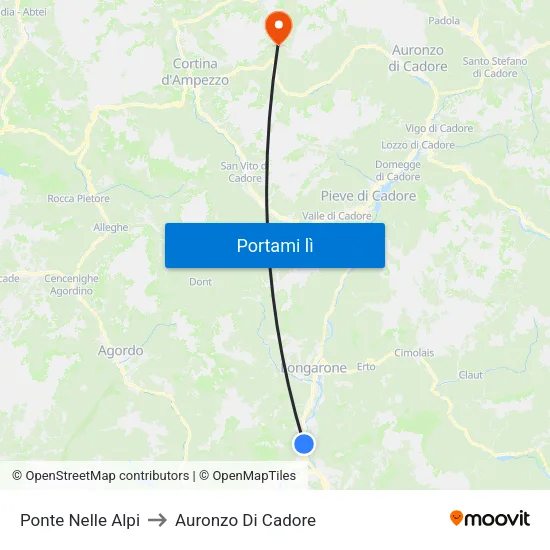 Ponte Nelle Alpi to Auronzo Di Cadore map