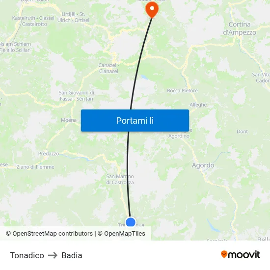 Tonadico to Badia map