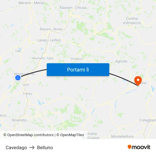 Cavedago to Belluno map