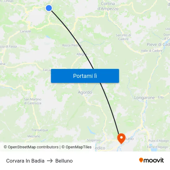 Corvara In Badia to Belluno map