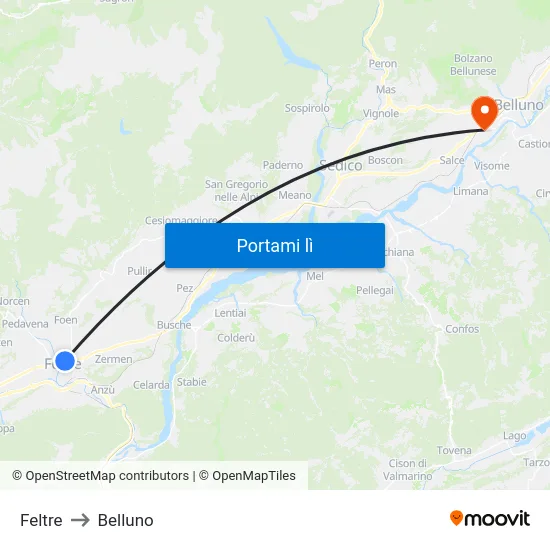 Feltre to Belluno map