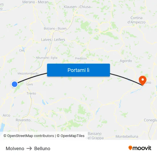 Molveno to Belluno map