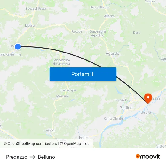Predazzo to Belluno map