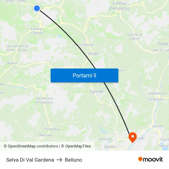 Selva Di Val Gardena to Belluno map