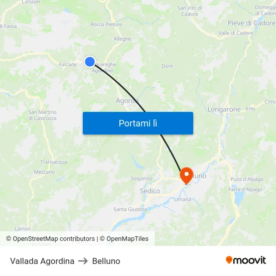 Vallada Agordina to Belluno map