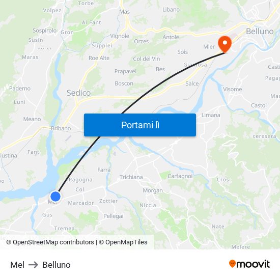 Mel to Belluno map