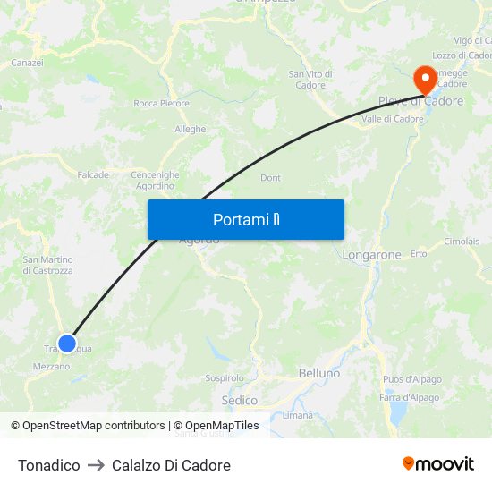 Tonadico to Calalzo Di Cadore map