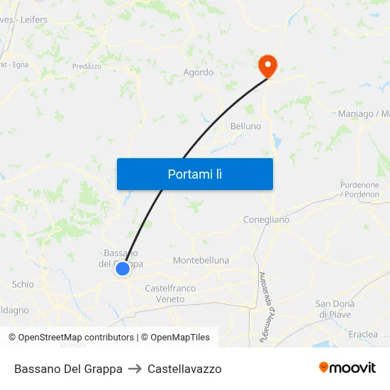 Bassano Del Grappa to Castellavazzo map