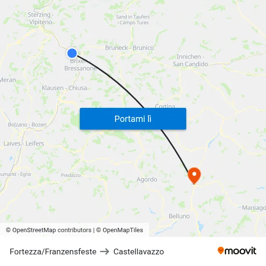 Fortezza/Franzensfeste to Castellavazzo map