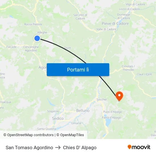 San Tomaso Agordino to Chies D' Alpago map